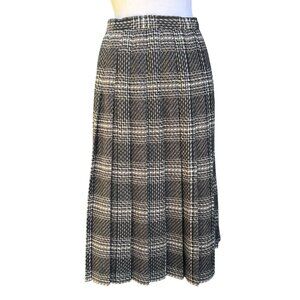 Vintage 80's Plaid Wool Blend Pleated Midi Skirt Black Tan Preppy Unlined Sz 10P